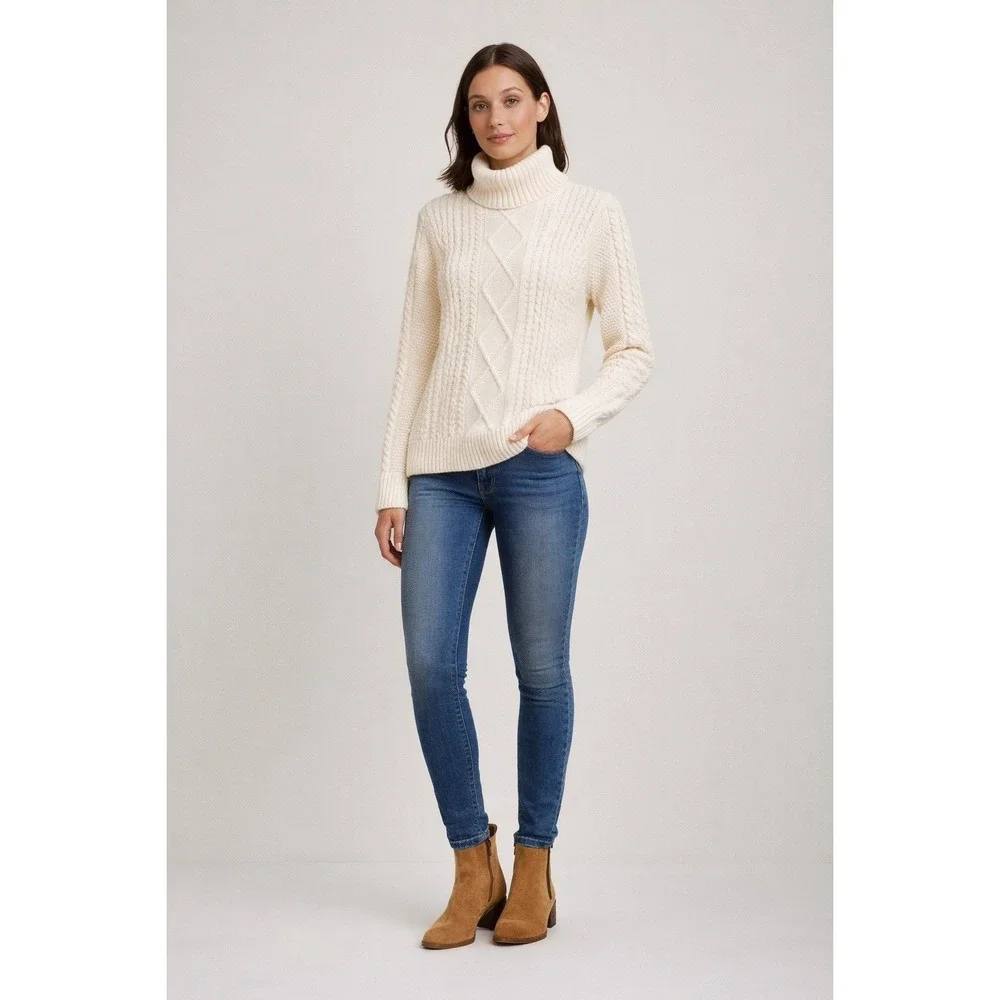 L.L. Bean Sweater Womens XS‎ Ivory Cable Knit Turtleneck Merino Wool Chunky